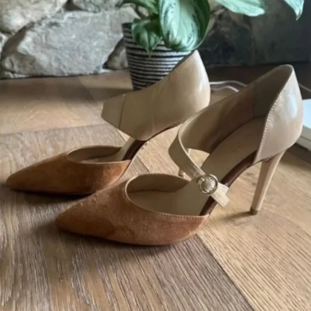 BEAUTIISOLES Sara Pointed Toe Pump Cognac Leather Suede Italy 9.5 NEW
